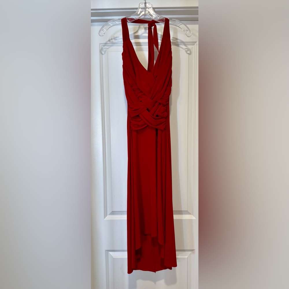B Darlin Y2K Striking Red Halter Dress with Crisscross Bodice & High Low Hem 5/6